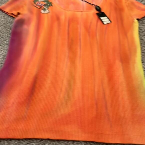 NWT Belldini Top Large Shirt Embellished Orange Tye Dye Boho‎ Embroidered Floral - Picture 6 of 16